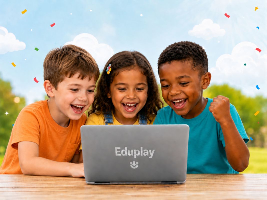 Happy children using a laptop together