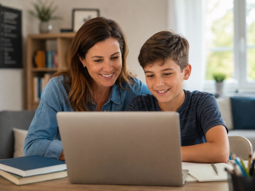 Parent and child using a tablet together
